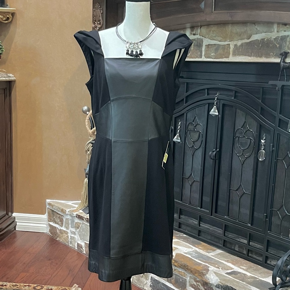 ANTONIO MELANI Black Leather Panel Dress NWT
